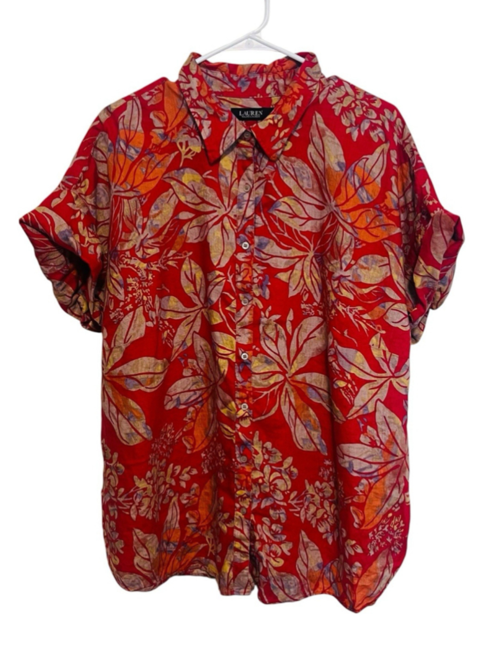 Lauren Ralph Lauren Red Floral Linen Button Up Camp Shirt 2X Tropical Fall Color